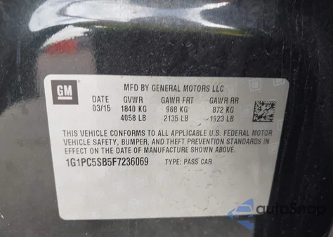 2015 Chevrolet Cruze 1Lt Auto из США, поврежденный, VIN 1G1PC5SB5F7236069